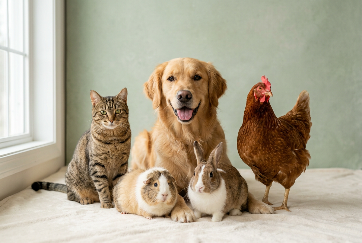 Pet group portrait with a dog, cat, chicken, guinea pig, and rabbit